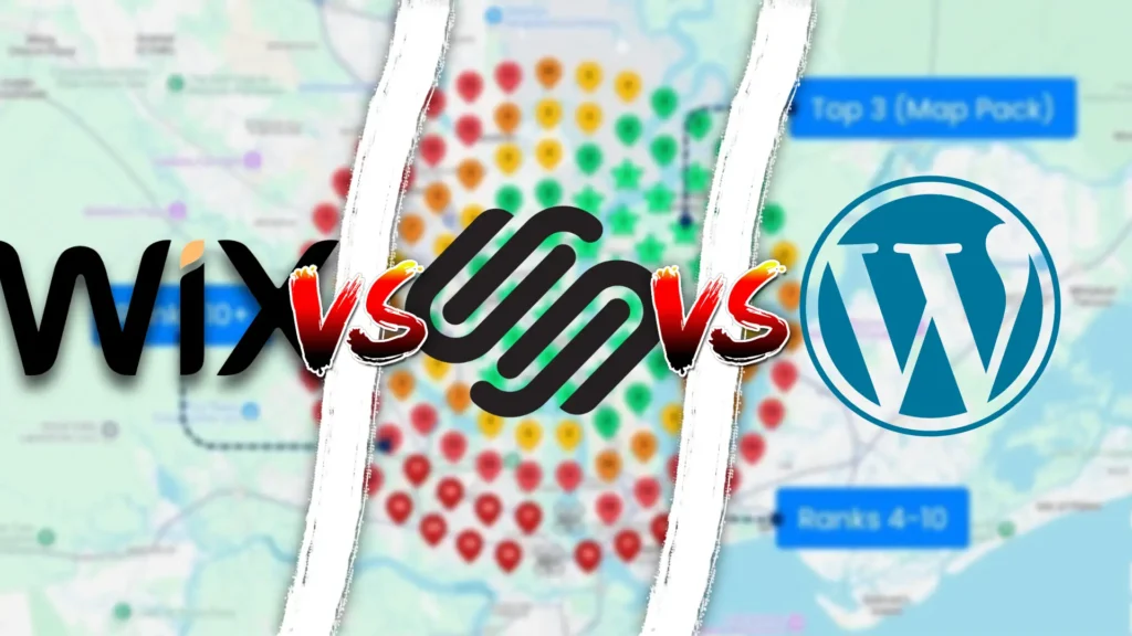 wix vs squarespace vs wordpress featured image with local ranking in background